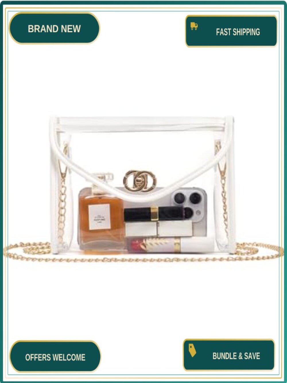 Clear Crossbody Bag Stadium Approved PVC Purse with Gold Chain Strap